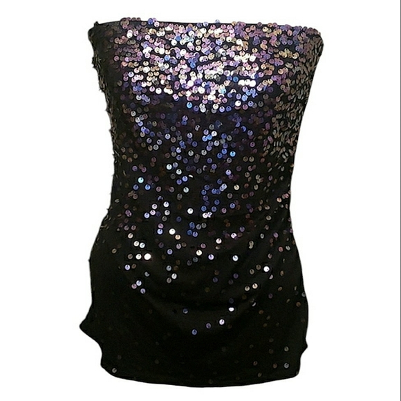 Express Iridescent Metallic Sequins High-Low Strapless Tube Top w/Built-In Bra M - Picture 8 of 16